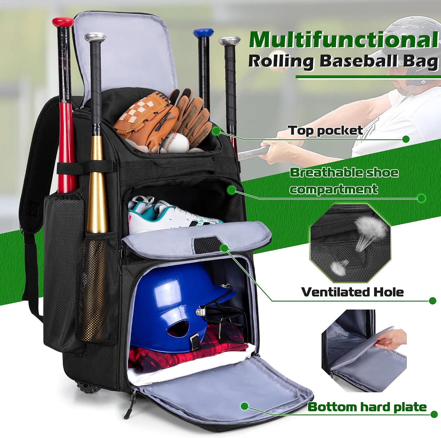 Rolling Baseball Backpack With - Heavy Equipment Usa 评论和价格